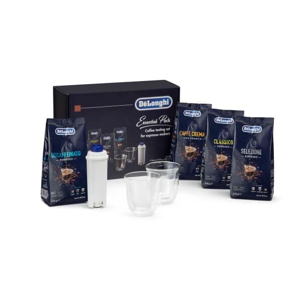 DeLonghi Pacchetto essenziale con caffè in grani De'Longhi 4x250 g, tazze da Cappuccino x2 e filtro dell'acqua