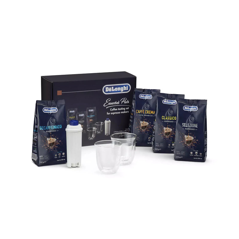 Pack Essential café en grano DeLonghi 4 x 250 g, dos vasos Cappuccino, y filtro de agua DLSC317