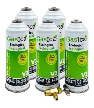 Pack 5 botellas gas refrigerante GASICA V2 - R22-R32-R407-R290-R410A + llave de servicio