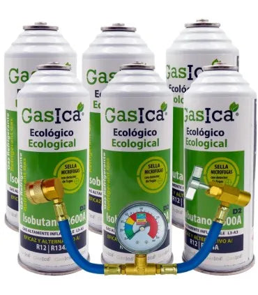 Pack 6 botellas gas refrigerante GASICA D2 - R12 R134a + manómetro
