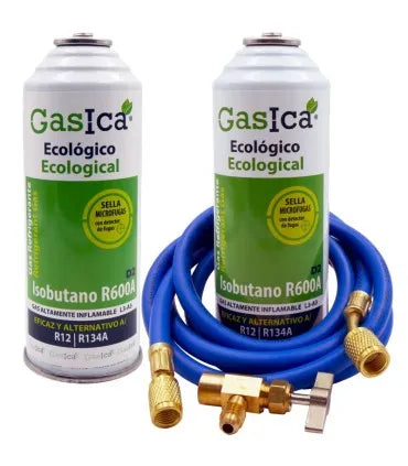 Pack gas refrigerante GASICA D2 - R12 R134a + manguera carga 5/16"x1/4" + válvula