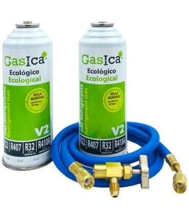 Pack gas refrigerante GASICA V2 - R22 R32 R407 R290 R410A + manguera carga 5/16"x1/4" + válvula