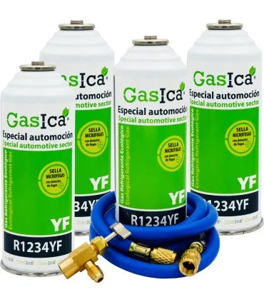Pack 4 botellas gas refrigerante GASICA YF - R1234yf + manguera carga 5/16"x1/4" + válvula