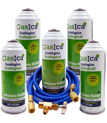 Pack 5 botellas gas refrigerante GASICA D2 - R12-R134a + manguera carga 5/16"x1/4" + válvula