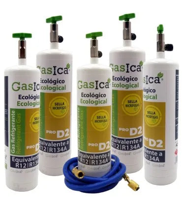 Pack 5 botellas gas refrigerante GASICA PRO D2 - R12 R134a + manguera carga 5/16"x1/4"