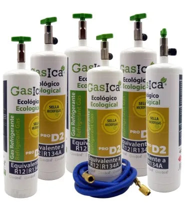 Pack 6 botellas gas refrigerante GASICA PRO D2 - R12 R134a + manguera carga 5/16"x1/4"